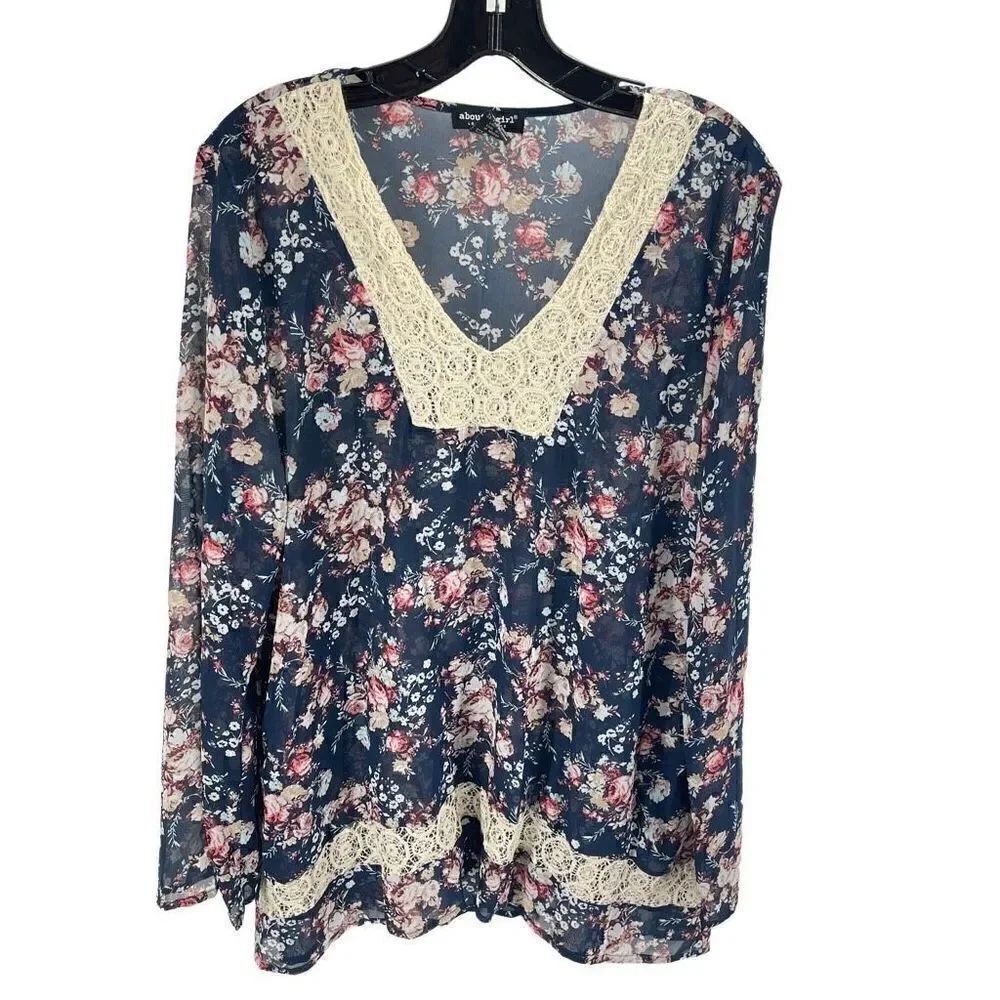 About A Girl Womens Floral Blouse Top Sheer Crochet V Neck Blue Red Size XL